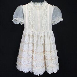 Marthas Miniatures Dress Girls 6X Ivory Short Sheer Sleeve Lace Full Skirt Vtg